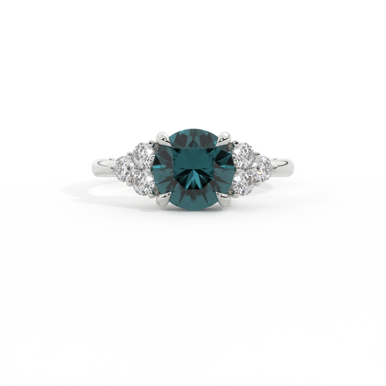 Trefoil Round Teal Sapphire Platinum Ring