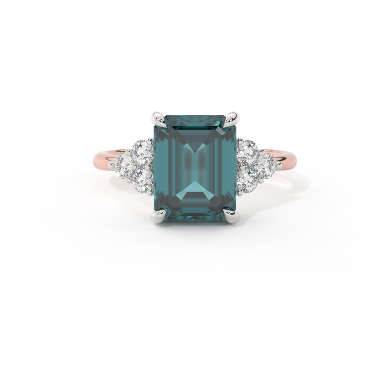 Trefoil Emerald Teal Sapphire 18K Rose Gold Ring