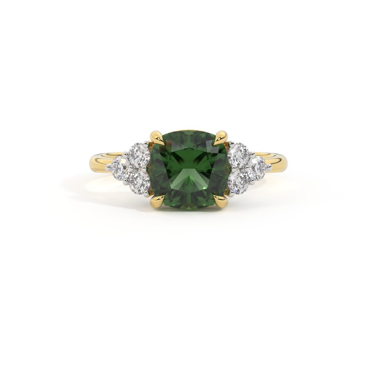 Trefoil Cushion Green Sapphire 18K Yellow Gold Ring