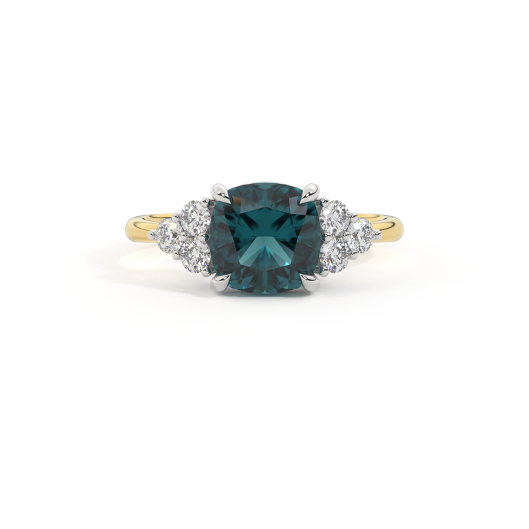 Trefoil Cushion Teal Sapphire 18K Yellow Gold Ring