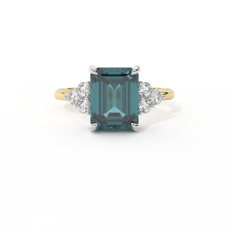 Trefoil Emerald Teal Sapphire 18K Yellow Gold Ring