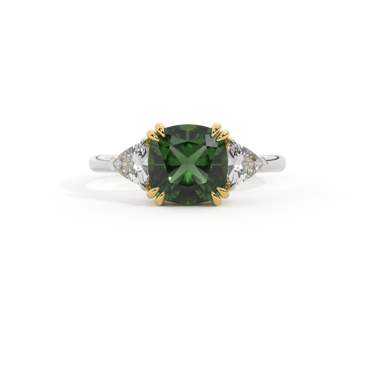 Trilogy Cushion Green Sapphire Platinum Ring