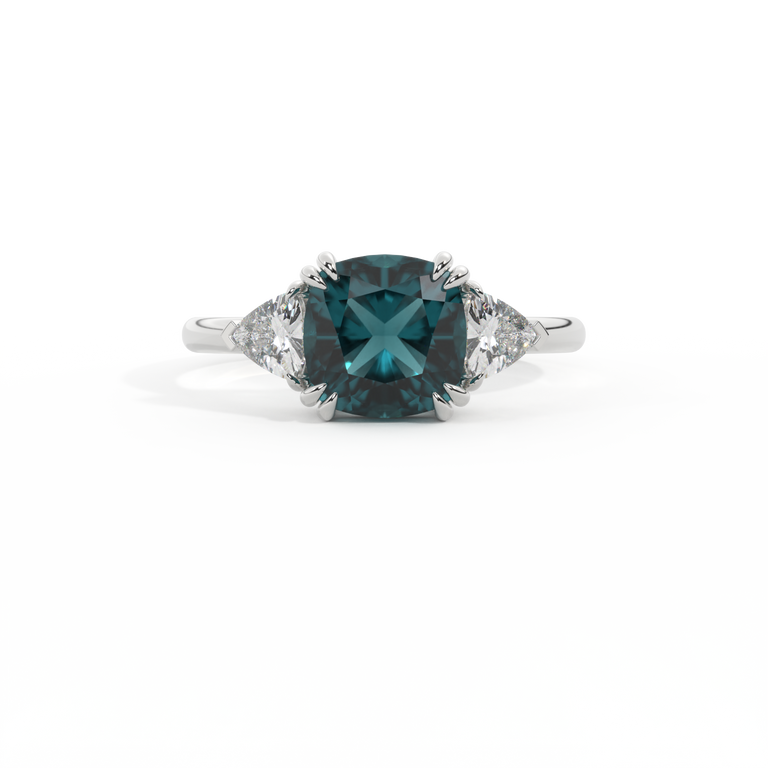 Trilogy Cushion Teal Sapphire Platinum Ring