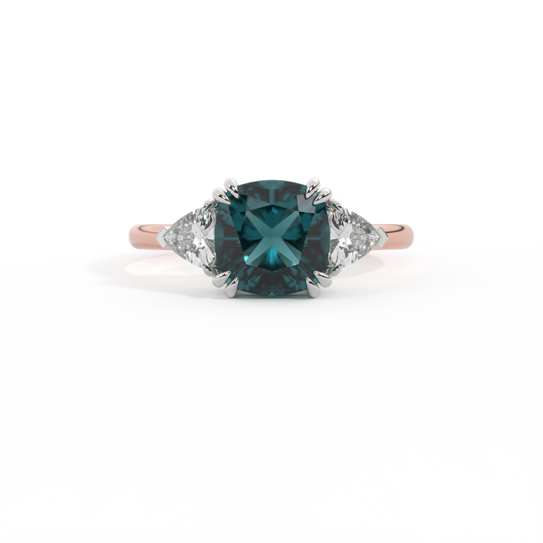 Trilogy Cushion Teal Sapphire 18K Rose Gold Ring