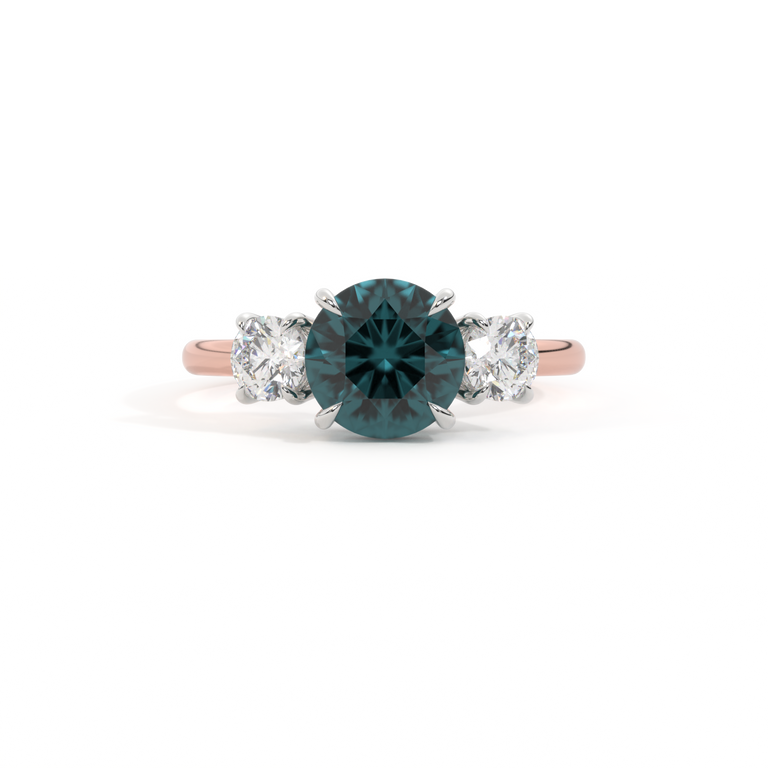 Trilogy Round Teal Sapphire 18K Rose Gold Ring