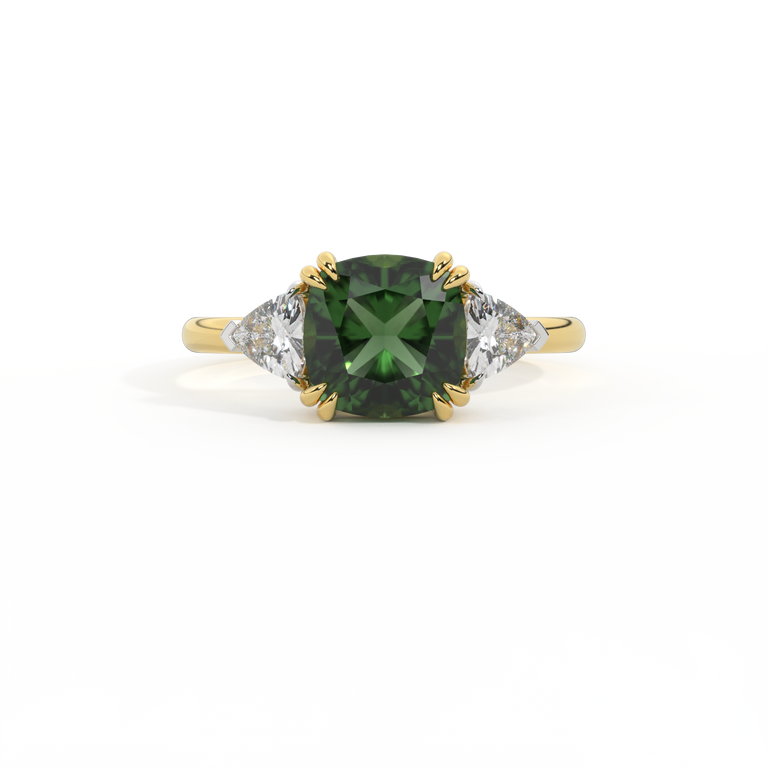 Trilogy Cushion Green Sapphire 18K Yellow Gold Ring