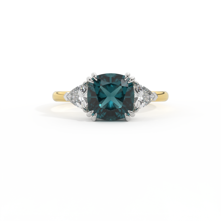 Trilogy Cushion Teal Sapphire 18K Yellow Gold Ring