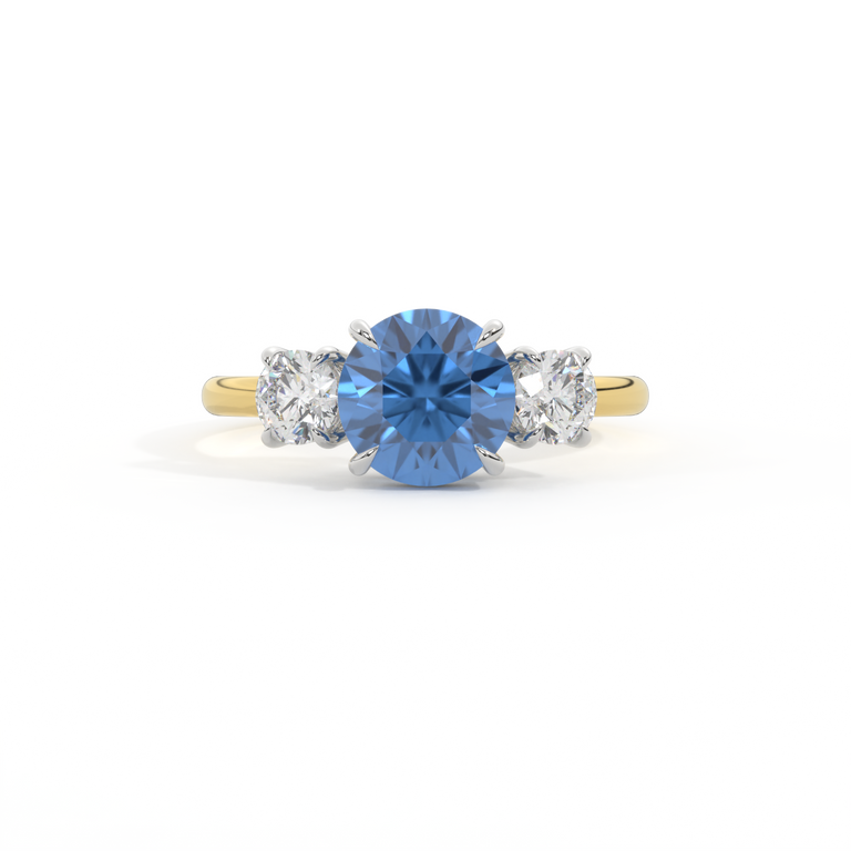 Trilogy Round Blue Sapphire 18K Yellow Gold Ring
