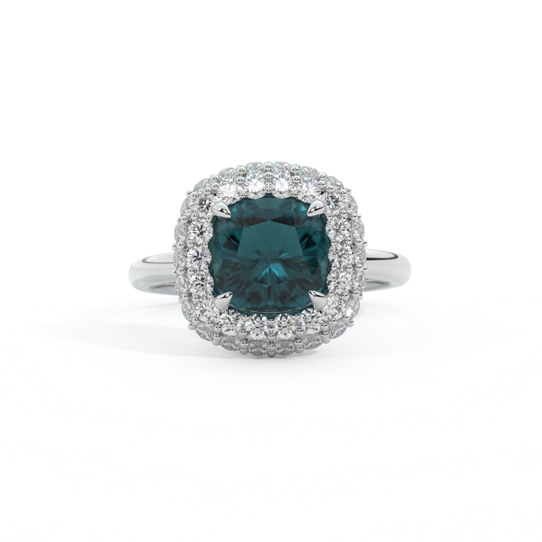 Vintage Cushion Teal Sapphire Platinum Ring