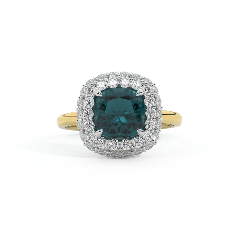 Vintage Cushion Teal Sapphire 18K Yellow Gold Ring