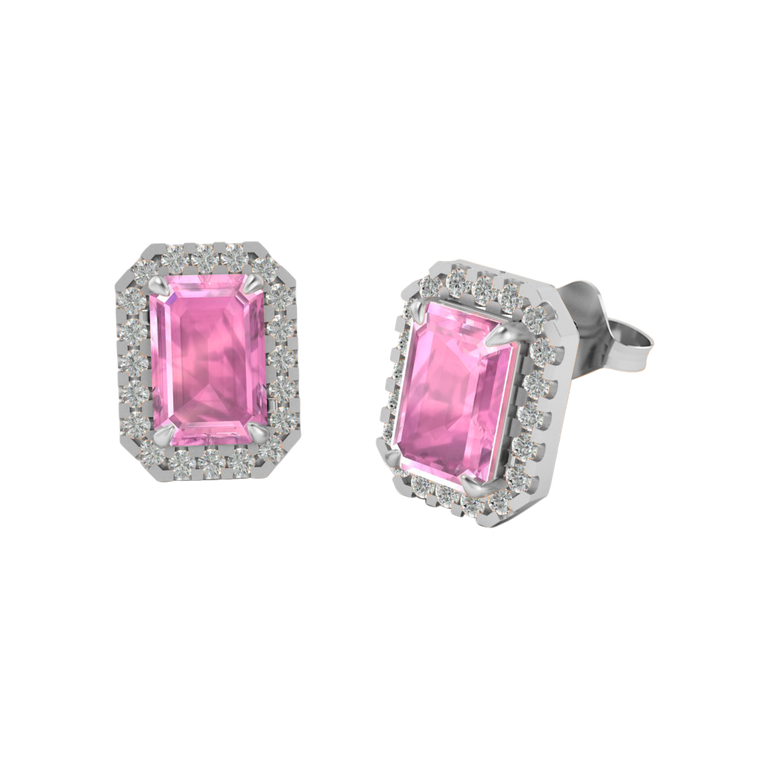 Treasure Box Halo Stud Emerald Pink Sapphire 18K White Gold Earrings