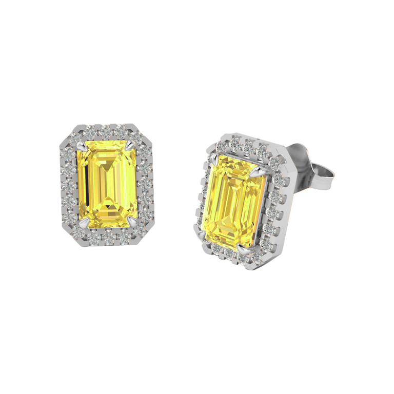 Treasure Box Halo Stud Emerald Yellow Sapphire 18K White Gold Earrings