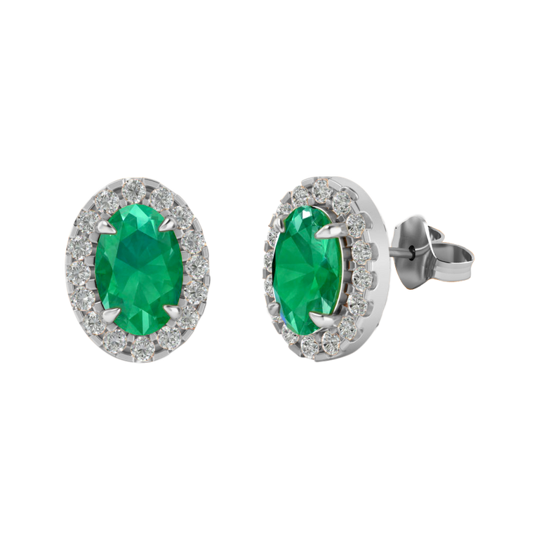 Treasure Box Halo Stud Oval Emerald 18K White Gold Earrings