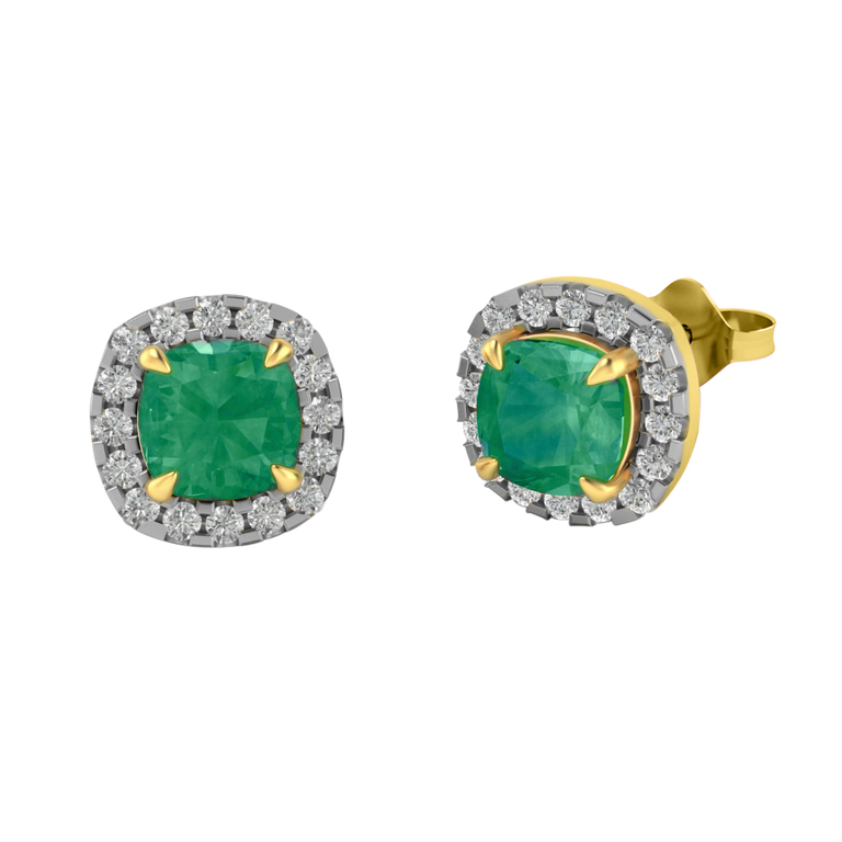 Treasure Box Halo Stud Cushion Emerald 18K Yellow Gold Earrings