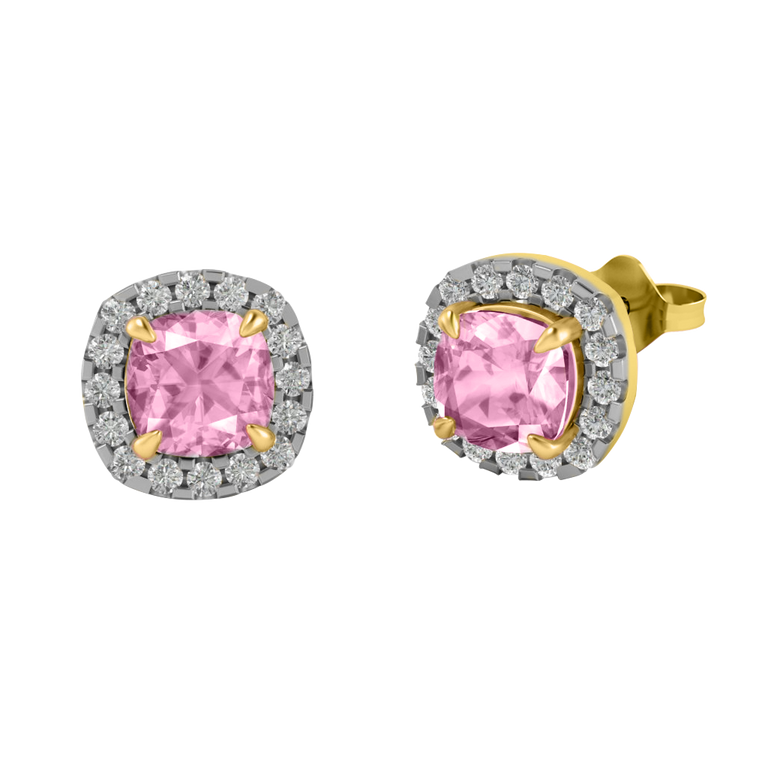 Treasure Box Halo Stud Cushion Pink Sapphire 18K Yellow Gold Earrings
