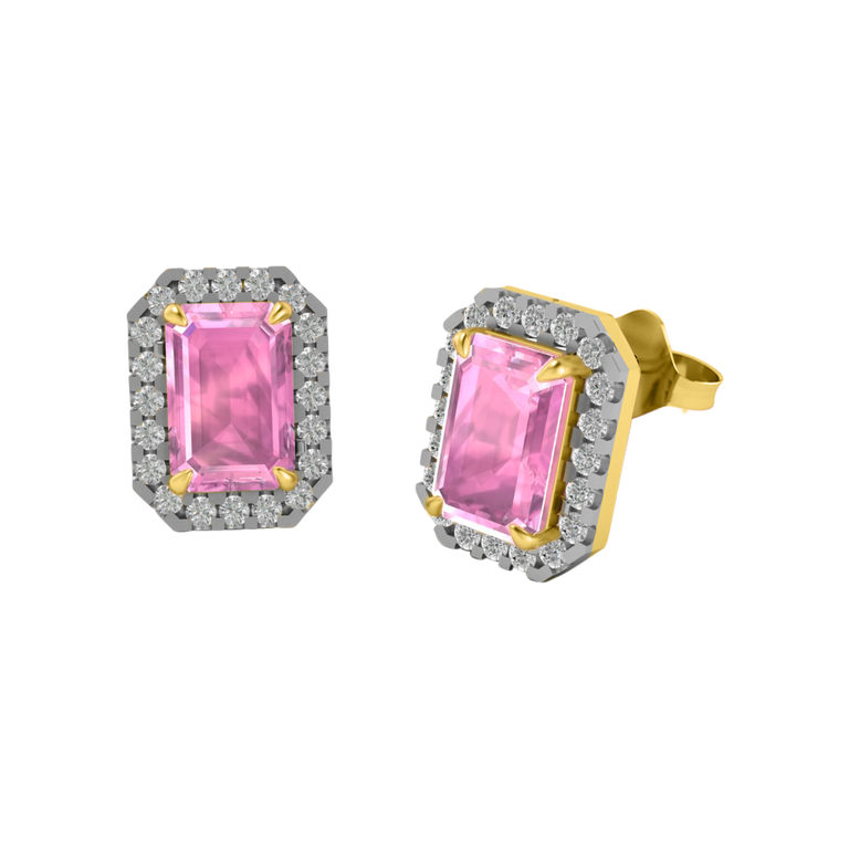 Treasure Box Halo Stud Emerald Pink Sapphire 18K Yellow Gold Earrings