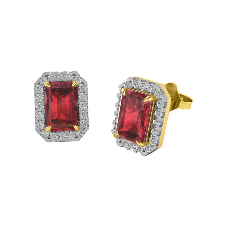 Treasure Box Halo Stud Emerald Ruby 18K Yellow Gold Earrings