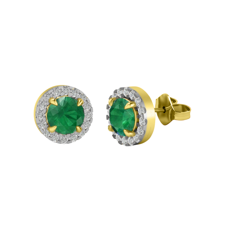Treasure Box Halo Stud Round Emerald 18K Yellow Gold Earrings