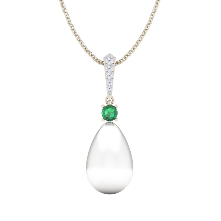 Treasure Box Classic Pearl and Emerald Drop Necklace 18k White Gold