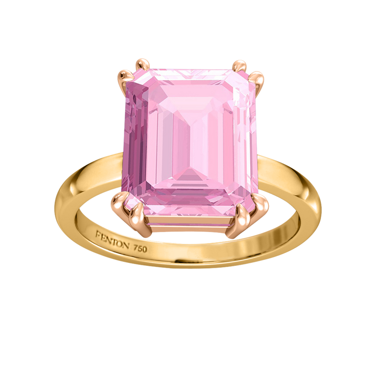 Treasure Box Solitaire Emerald Pink Sapphire 18K Yellow Gold Big