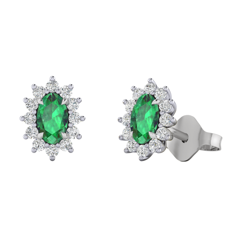 Treasure Box Star Stud Oval Emerald 18K White Gold Earrings