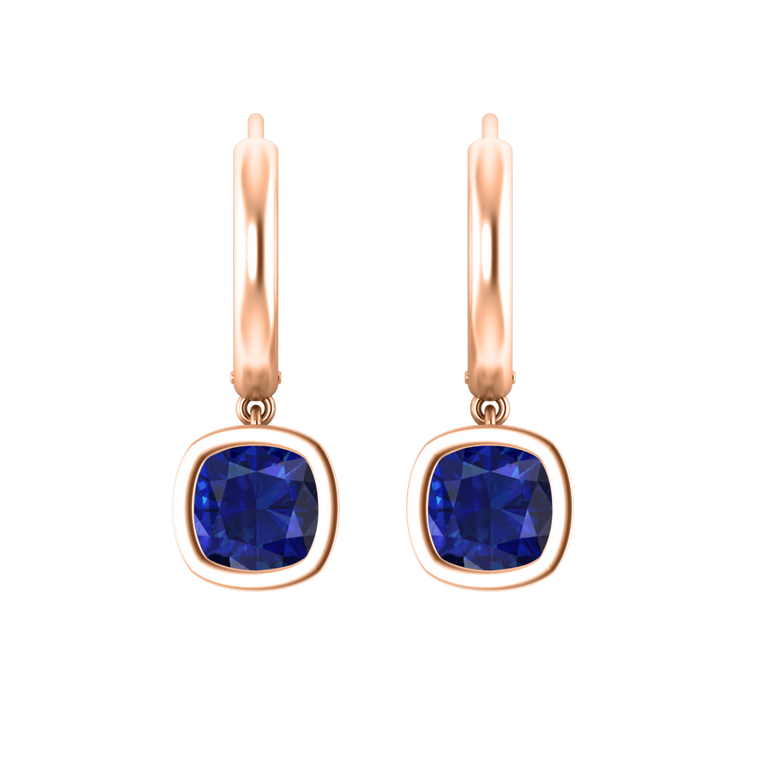 Bezel Drop Cushion Cut Blue Sapphire 18K Rose Gold Earrings