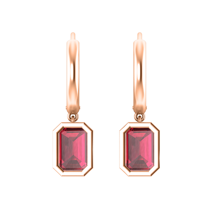 Bezel Drop Emerald Cut Ruby 18K Rose Gold Earrings