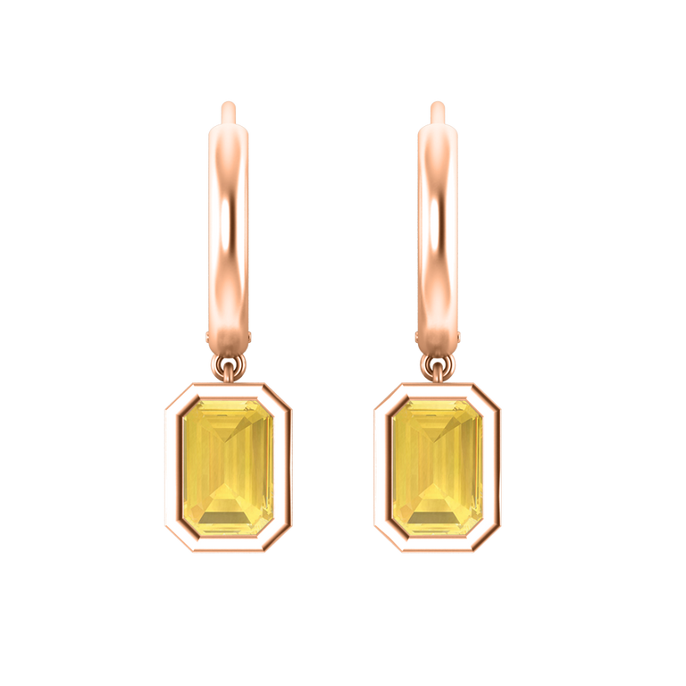 Bezel Drop Emerald Cut Yellow Sapphire 18K Rose Gold Earrings