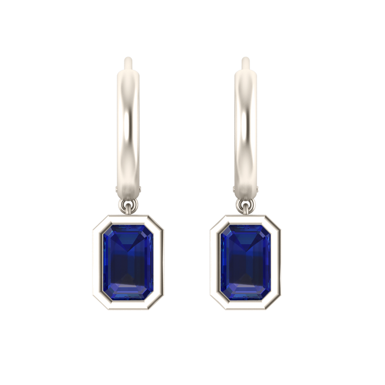 Bezel Drop Emerald Blue Sapphire 18K White Gold Earrings