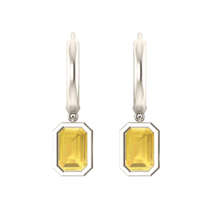 Bezel Drop Emerald Cut Yellow Sapphire 18K White Gold Earrings