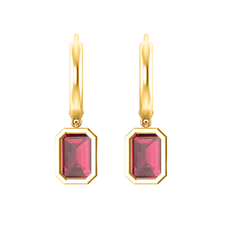 Bezel Drop Emerald Cut Ruby 18K Yellow Gold Earrings