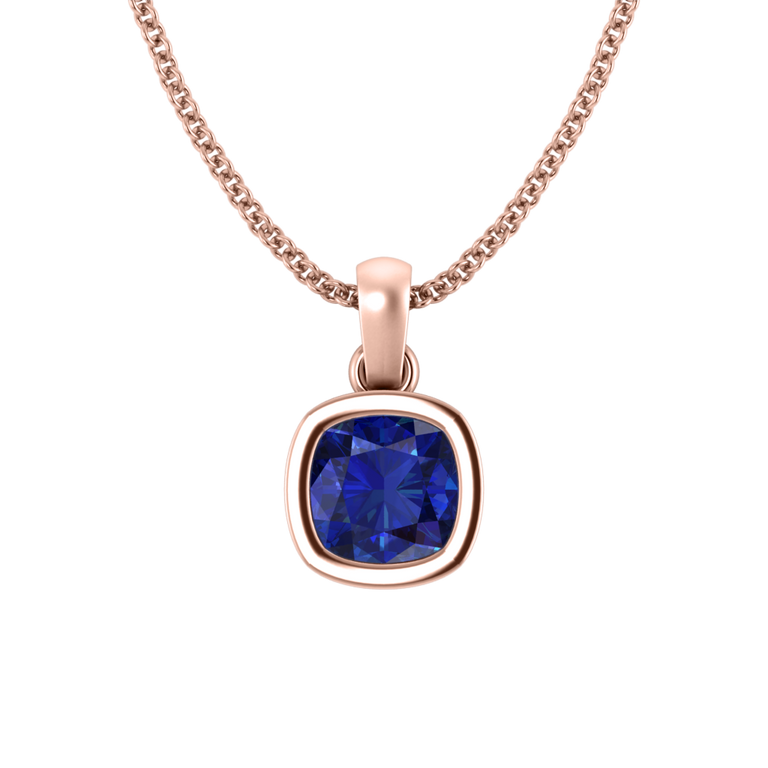 Bezel Cushion Cut Blue Sapphire 18K Rose Gold Pendant Necklace