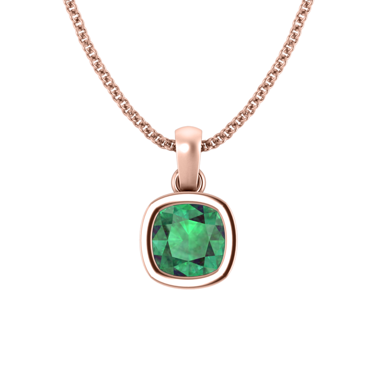 Bezel Cushion Cut Emerald 18K Rose Gold Pendant Necklace