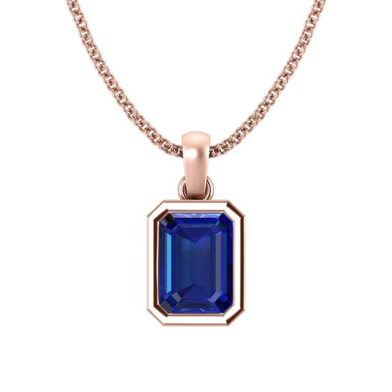 Bezel Emerald Cut Blue Sapphire 18K Rose Gold Pendant Necklace