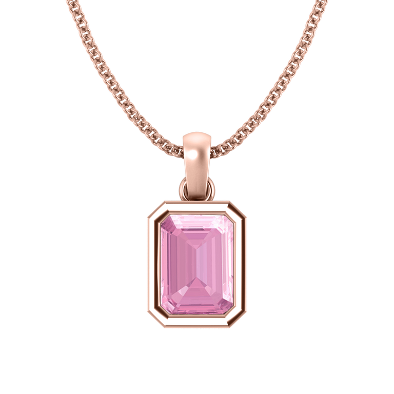 Bezel Emerald Cut Pink Sapphire 18K Rose Gold Pendant Necklace