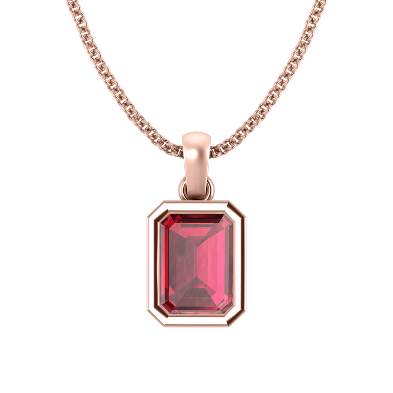 Bezel Emerald Cut Ruby 18K Rose Gold Pendant Necklace