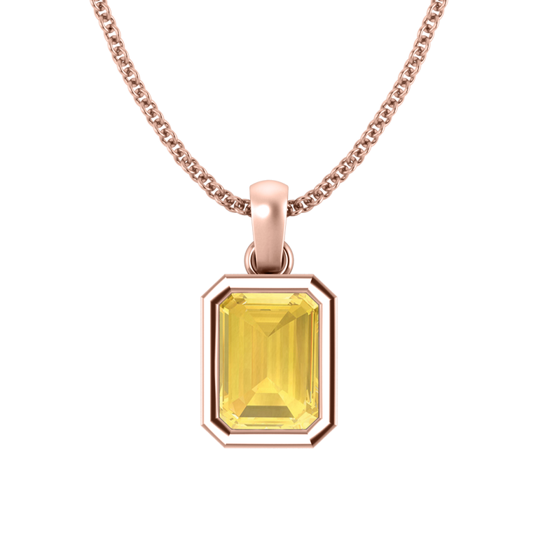 Bezel Emerald Cut Yellow Sapphire 18K Rose Gold Pendant Necklace