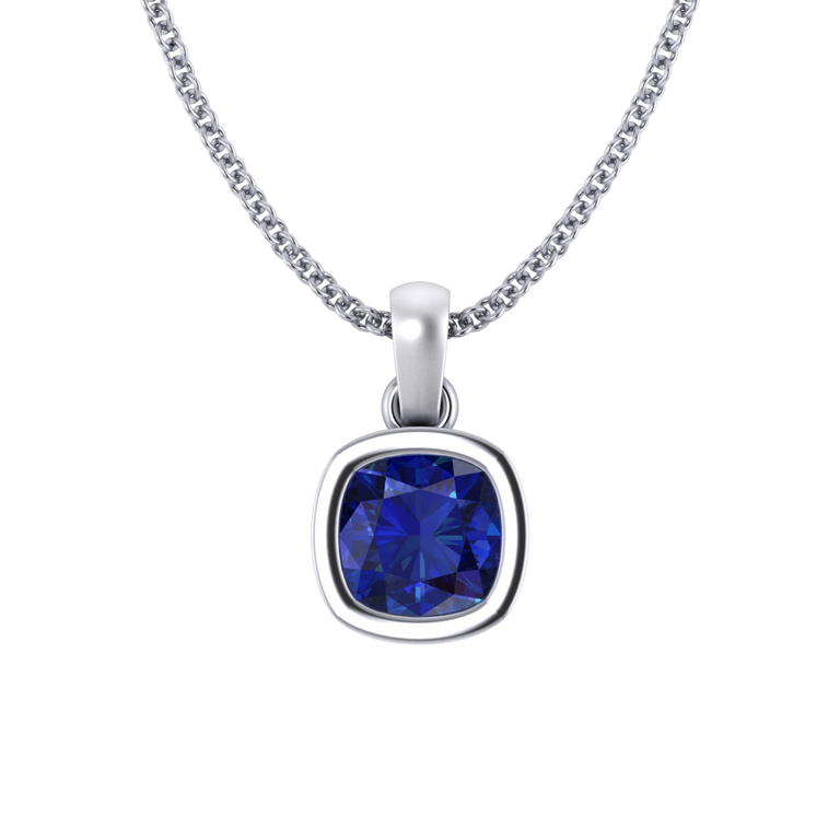 Bezel Cushion Cut Blue Sapphire 18K White Gold Pendant Necklace