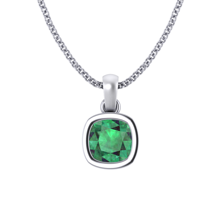 Bezel Cushion Cut Emerald 18K White Gold Pendant Necklace