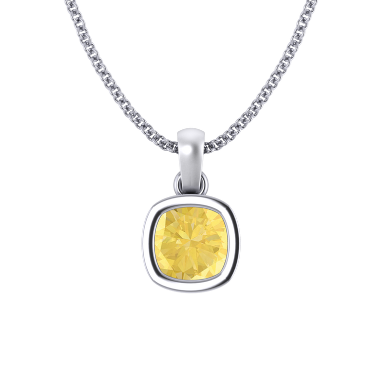 Bezel Cushion Cut Yellow Sapphire 18K White Gold Pendant Necklace