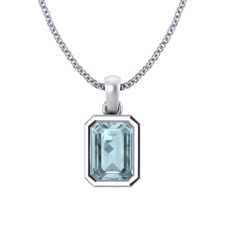 Bezel Emerald Cut Aquamarine 18K White Gold Pendant Necklace