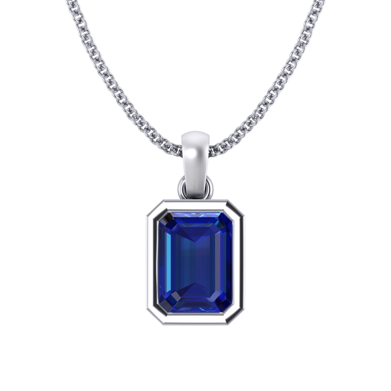 Bezel Emerald Cut Blue Sapphire 18K White Gold Pendant Necklace