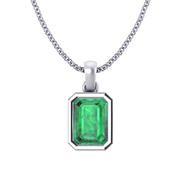 Bezel Emerald Cut Emerald 18K White Gold Pendant Necklace