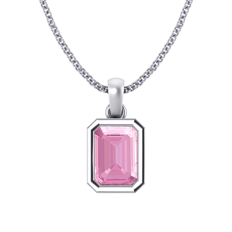 Bezel Emerald Cut Pink Sapphire 18K White Gold Pendant Necklace