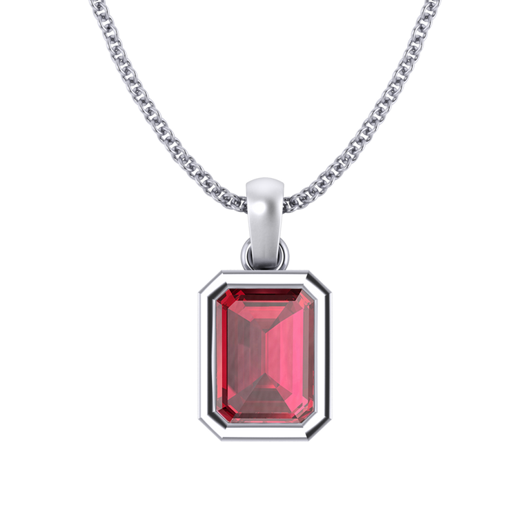 Bezel Emerald Cut Ruby 18K White Gold Pendant Necklace