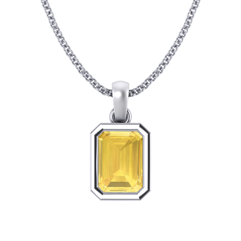 Bezel Emerald Cut Yellow Sapphire 18K White Gold Pendant Necklace