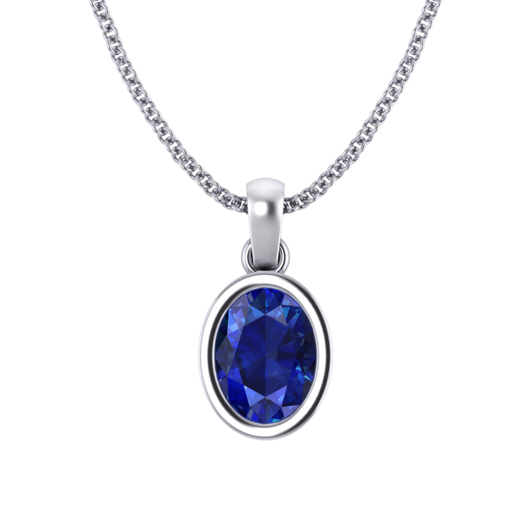 Bezel Oval Cut Blue Sapphire 18K White Gold Pendant Necklace