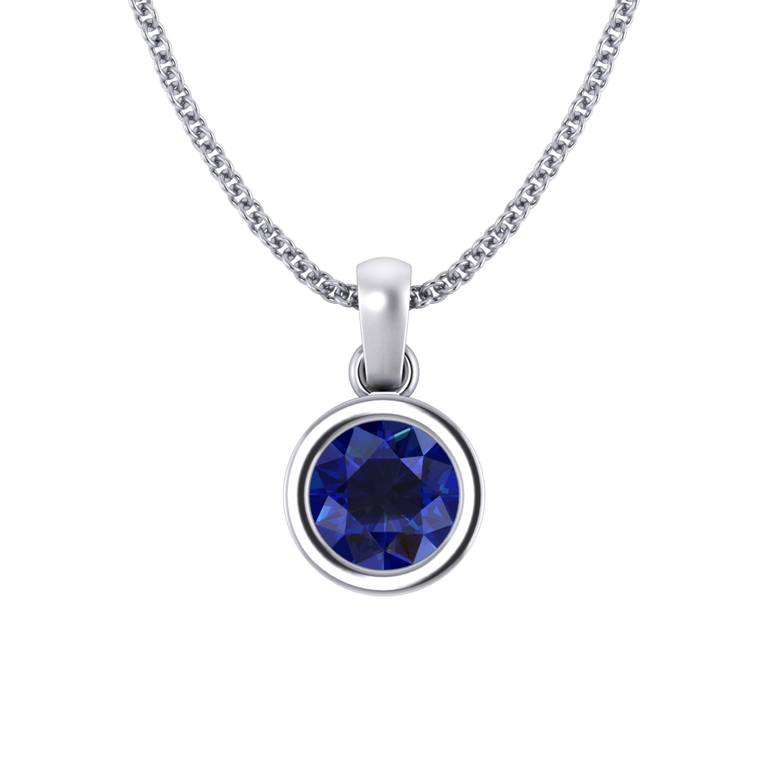 Bezel Round Cut Blue Sapphire 18K White Gold Pendant Necklace