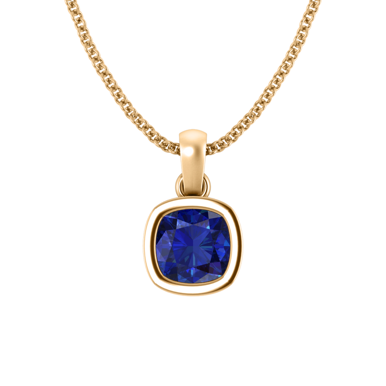 Bezel Cushion Cut Blue Sapphire 18K Yellow Gold Pendant Necklace