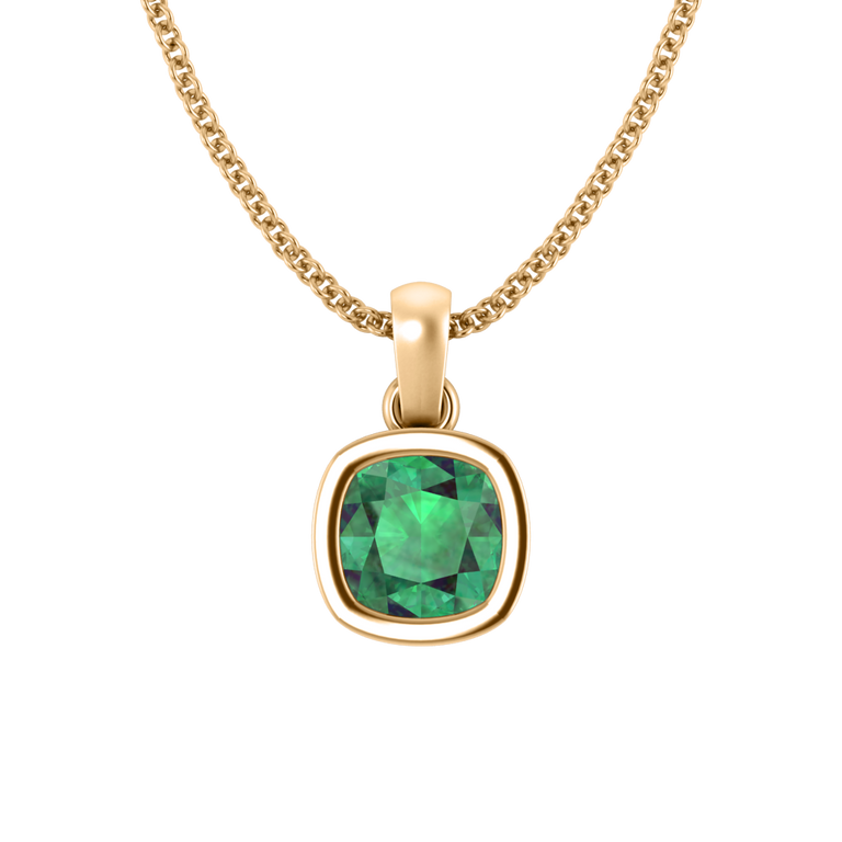 Bezel Cushion Cut Emerald 18K Yellow Gold Pendant Necklace